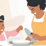 Ilustração de mulher e criança cozinhando