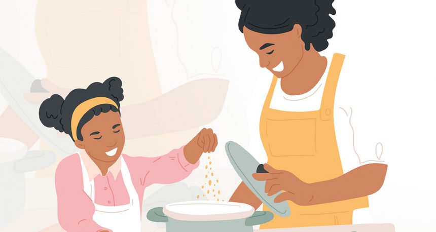 Ilustração de mulher e criança cozinhando