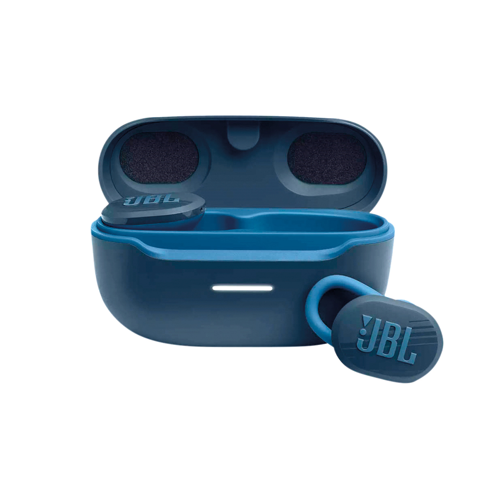 Fones de ouvido JBL Endurance Race na cor azul, com estojo de carregamento aberto e design robusto.