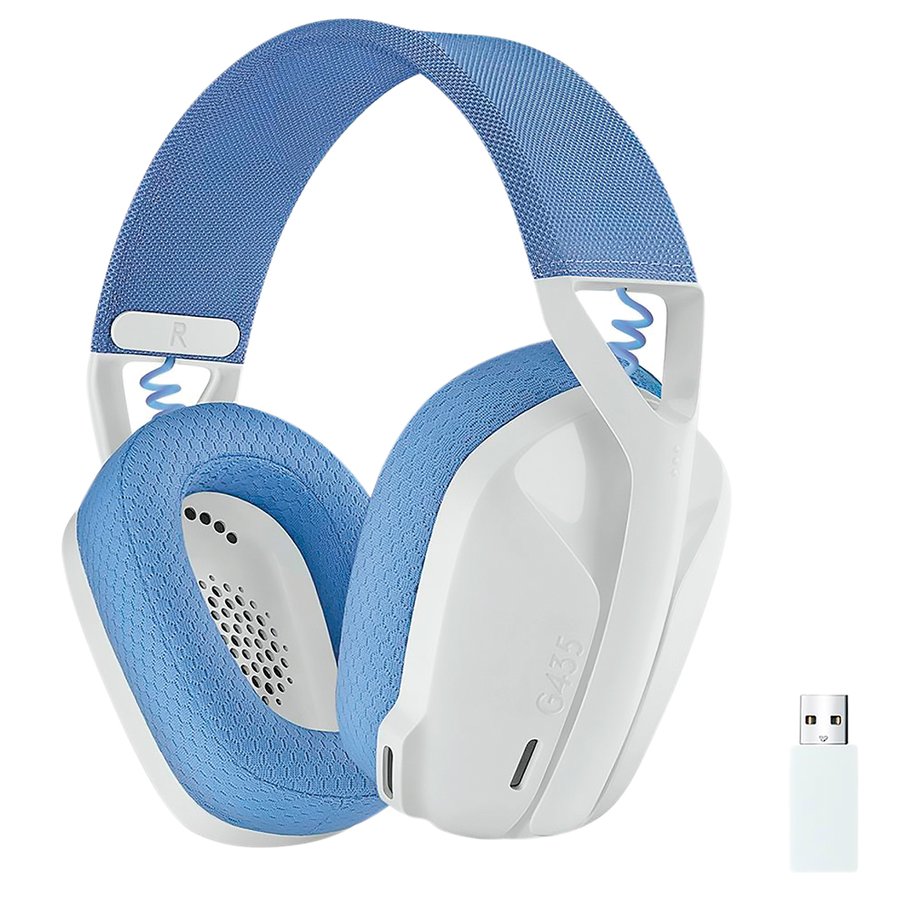 Headset Logitech G435 LIGHTSPEED sem fio, com design moderno em azul e branco, acompanhado de um adaptador USB.