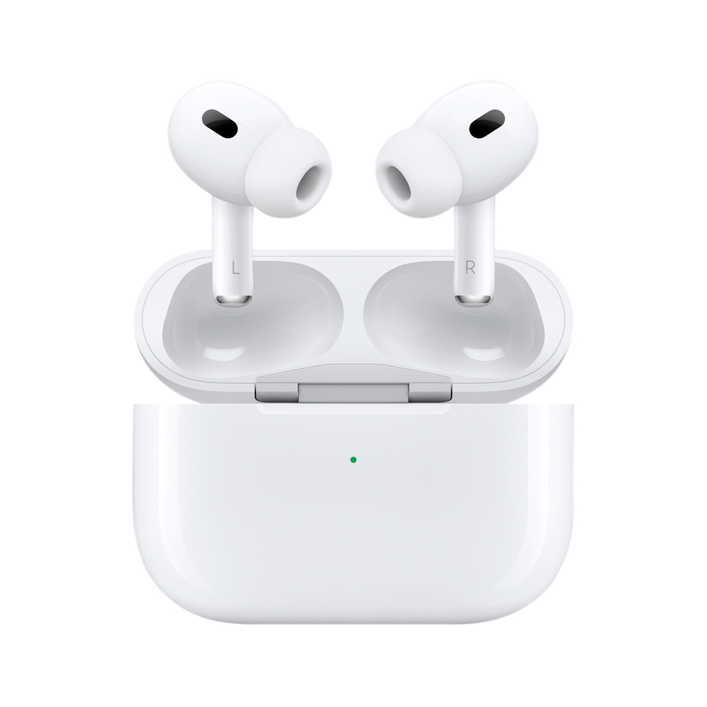 Fones de ouvido AirPods Pro de 2ª geração, com estojo de carregamento branco e luz indicadora verde.