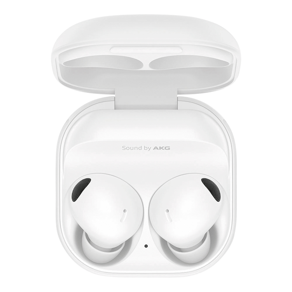 Fones de ouvido Galaxy Buds2 Pro da Samsung, com estojo de carregamento branco aberto e design ergonômico.